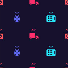 Poster - Set Wireless tablet, Robot vacuum cleaner, Smart truck and washer on seamless pattern. Vector