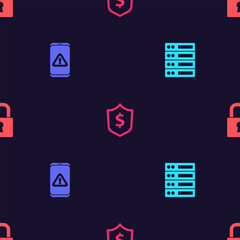Poster - set server, data, web hosting, mobile with exclamation mark, shield dollar and lock on seamless patt