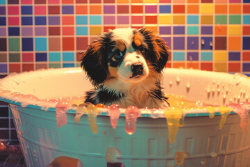 Leinwandbilder - Cute pixel art of a puppy enjoying bath time in a pixelated tub, radiating retro canine charm.