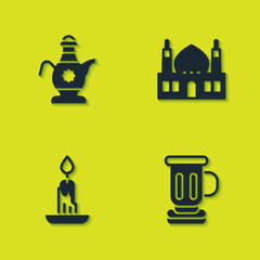 Wall Mural - Set Islamic teapot, Medieval goblet, Burning candle and Muslim Mosque icon. Vector