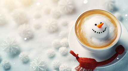 Wall Mural - Christmas cup of coffee with latte art, milk foam snowman. Cozy atmosphere. Holiday background with copy space. Christmas and New Year cappuccino coffee