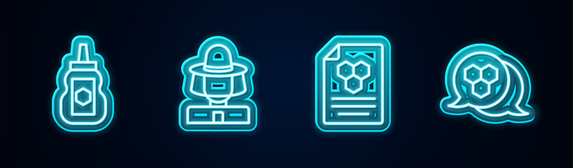 Sticker - Set line Jar of honey, Beekeeper with protect hat, Honeycomb and . Glowing neon icon. Vector