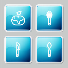 Wall Mural - Set line Apple in caramel, Honey dipper stick, Knife and Spoon icon. Vector