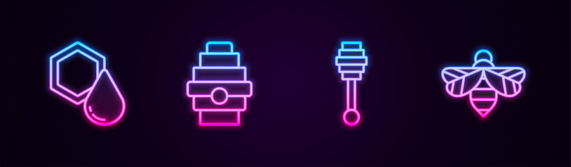 Sticker - Set line Honeycomb, Hive for bees, dipper stick and Bee. Glowing neon icon. Vector