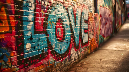 Wall Mural - LOVE graffiti art on a urban street wall texture with blurred bokeh background