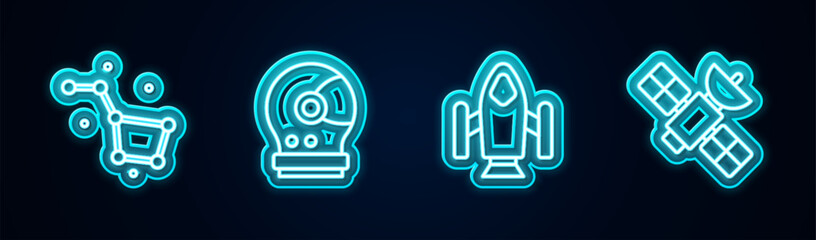 Poster - set line great bear constellation, astronaut helmet, rocket ship and satellite. glowing neon icon. v