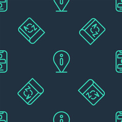 Poster - Set line Information, Translator book and New chat messages notification on seamless pattern. Vector