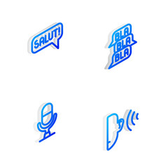 Poster - set isometric line speech bubble chat, salut in different languages, microphone voice device and ear