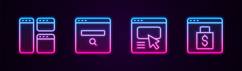 Poster - Set line Browser window, Search engine, UI or UX design and Online shopping on screen. Glowing neon icon. Vector