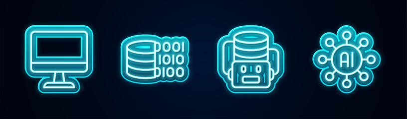 Poster - Set line Computer monitor, Binary code, Artificial intelligence robot and Neural network. Glowing neon icon. Vector