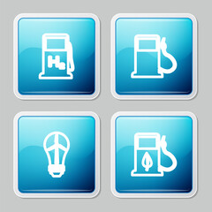 Poster - Set line Hydrogen filling station, Petrol or Gas, Light bulb with wind turbine and Bio fuel fueling nozzle icon. Vector