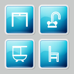 Poster - Set line Wooden table, Water tap, Bathtub with shower curtain and Chair icon. Vector