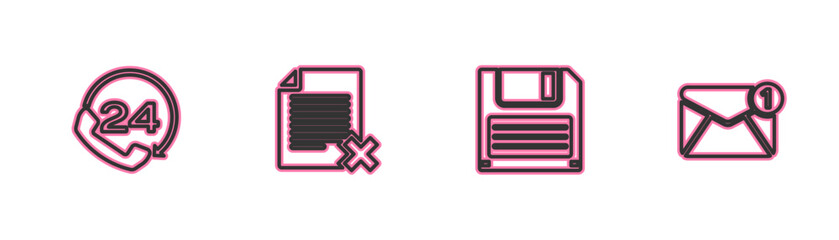 Poster - set line telephone 24 hours support, floppy disk, delete file document and new, email incoming messa