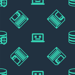 Poster - set line dead laptop, floppy disk and database protection on seamless pattern. vector
