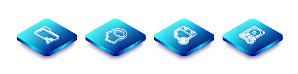 Poster - Set Isometric line Share folder, Head silhouette with cloud, Financial calendar and Hard disk drive clockwise icon. Vector