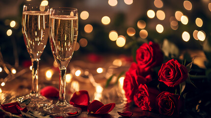 Close up of two glasses with rose wine on wooden table with bokeh background. Valentine's day banner. Celebration with wine and red rose.