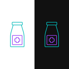 Canvas Print - Line Medicine bottle and pills icon isolated on white and black background. Bottle pill sign. Pharmacy design. Colorful outline concept. Vector