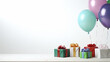 gift boxes and balloons decoration, on a light background of an office desk, corporate gifts for a holiday