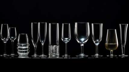 Wall Mural - set, a collection of different transparent glass glasses isolated on a black background