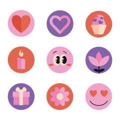 Poster - Set of Valentine Day icons, round flat stickers with romantic symbols, flower and characters. Vector illustration.