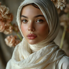 Wall Mural - Portrait of a beautiful and exotic young muslim woman with white hijab