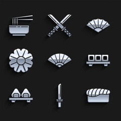 Sticker - Set Paper chinese or japanese folding fan, Japanese katana, Sushi, on cutting board, Flower,  and Asian noodles bowl and chopsticks icon. Vector