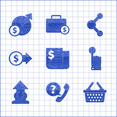 Wall Mural - Set Financial news, Shopping basket, Hand touch tap gesture, Growth chart progress people crowd, Coin money with dollar symbol, Share and Money diagram graph icon. Vector