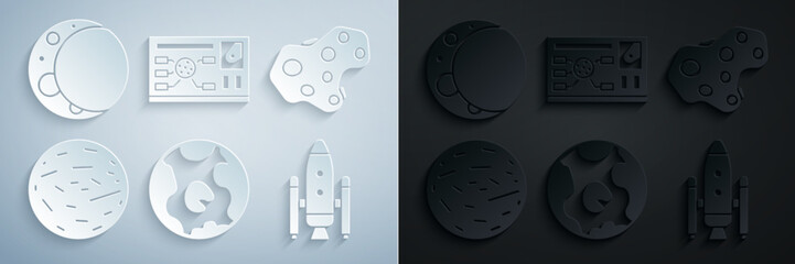 Poster - Set Earth globe, Asteroid, Planet Venus, Space shuttle and rockets, Futuristic hud interface and Moon icon. Vector