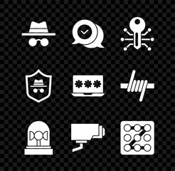 Poster - Set Incognito mode, Check mark in speech bubble, Smart key, Flasher siren, Security camera, Graphic password protection,  and Laptop with icon. Vector