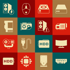 Poster - Set RAM, random access memory, Computer monitor screen, Video graphic card, cooler, SD, Case of computer and  icon. Vector