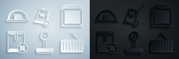 Poster - Set Scale, Carton cardboard box, Delete envelope, Container crane, Hand truck and boxes and Warehouse icon. Vector