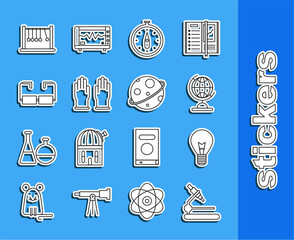 Fototapete - Set line Microscope, Light bulb with concept of idea, Earth globe, Compass, Rubber gloves, Glasses, Pendulum and Planet icon. Vector