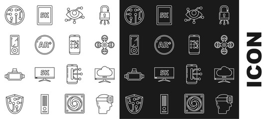 Poster - Set line Virtual reality glasses, Computer monitor screen, Drone, Ar, augmented, Music player, Processor and Mobile and graphic password protection icon. Vector