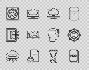 Poster - Set line Internet of things, Hard disk drive HDD, Computer monitor screen, File document, cooler, Laptop, Video graphic card and Global technology social network icon. Vector