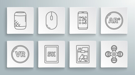 Poster - Set line Virtual reality, Computer mouse, Tablet with text 5k, 3D printer, Drone, Mobile and graphic password protection, Ar, augmented and Voice assistant icon. Vector
