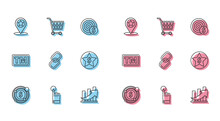 Set Line Target With Dollar Symbol, Hand Touch And Tap Gesture, Map Pointer Star, Financial Growth Coin, Chain Link, Star, Trademark And Shopping Cart Icon. Vector