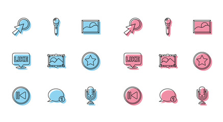 Sticker - Set line Rewind, Speech bubble chat, Arrow cursor, Microphone, Picture landscape, Star, Like speech and  icon. Vector