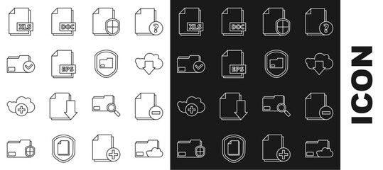Poster - Set line Cloud storage text document folder, Document with minus, download, protection concept, EPS file, and check mark, XLS and  icon. Vector