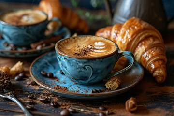 Wall Mural - cup of coffee with croissants 