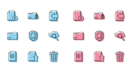 Poster - Set line Document, Upload file document, Unknown, Trash can, protection concept, Search cloud computing, folder and Folder and lock icon. Vector