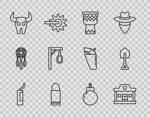 Canvas Print - Set line Dynamite bomb, Wild west saloon, Drum, Bullet, Buffalo skull, Gallows, Bomb ready to explode and Shovel icon. Vector