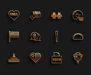 Sticker - Set line City landscape, USA Independence day, Vote box, Tourist binoculars, Coin money with dollar, Taco tortilla and Baseball bat icon. Vector