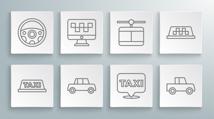 Wall Mural - Set line Taxi car roof, Computer call taxi service, Car, Location with, Cable,  and Steering wheel icon. Vector