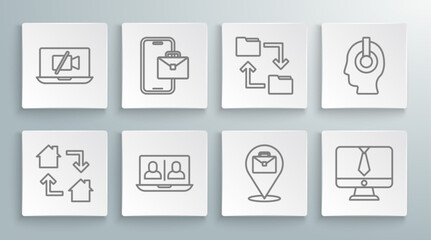 Poster - Set line Online working, Freelancer, Video chat conference, Cloud storage document folder,  and camera Off laptop icon. Vector