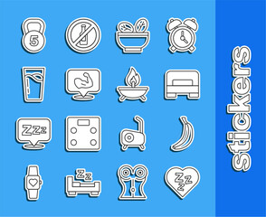 Sticker - Set line Sleepy, Banana, Big bed, Salad in bowl, Bodybuilder muscle, Glass with water, Weight and Aroma candle icon. Vector