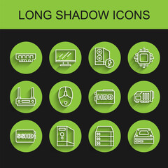 Poster - Set line SSHD card, Case of computer, RAM, random access memory, Server, Data, Web Hosting, Optical disc drive, Computer mouse, Video graphic and Hard disk HDD icon. Vector