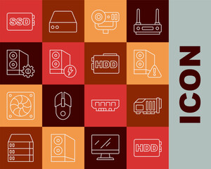 Poster - Set line Hard disk drive HDD, Video graphic card, Case of computer, Web camera, SSD and  icon. Vector