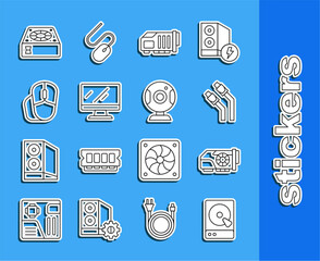 Poster - Set line Hard disk drive HDD, Video graphic card, LAN cable network internet, Computer monitor screen, mouse, cooler and Web camera icon. Vector