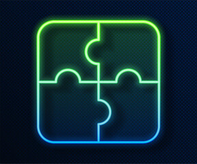 Poster - glowing neon line piece of puzzle icon isolated on blue background. business, marketing, finance, te