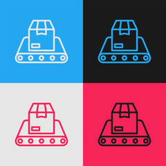Poster - pop art line conveyor belt with cardboard box icon isolated on color background. vector